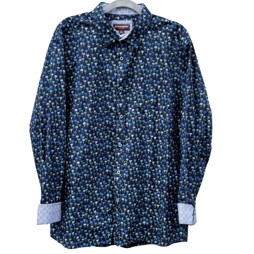 Johnston & Murphy Button Down Shirt Mens XL Navy Blue Nautical Palm Tree Print